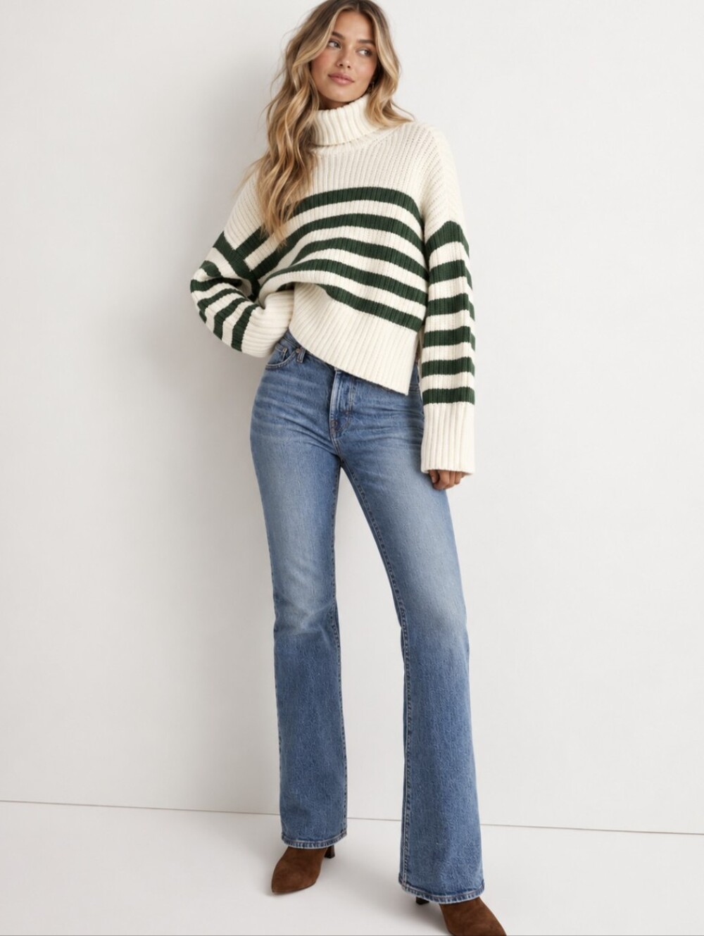 Madewell Wide Rib Turtleneck Sweater Green Cream Ivory Striped Women’s Small